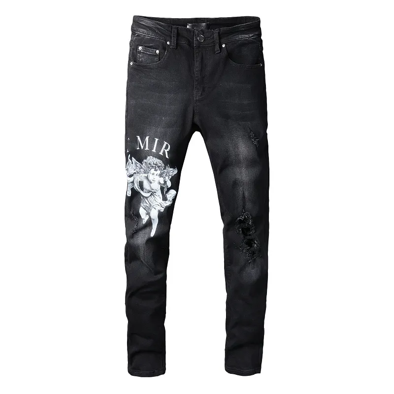 Men's Jeans Black Distressed Scratched Printing Slim Streetwear Damaged Holes High Stretch Skinny Angel Printed Ripped 230824