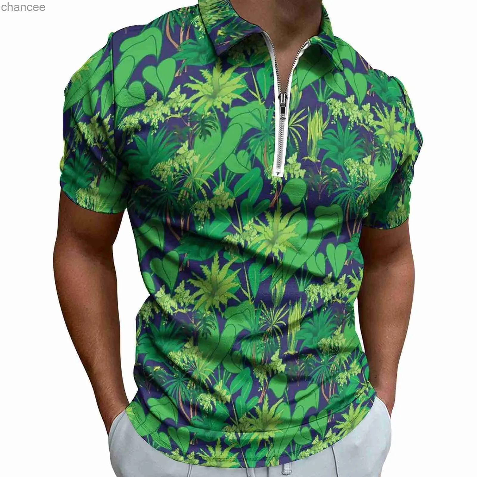 Tropische Pflanzen Poloshirt Grüne Blätter Drucken Freizeithemd Sommer Trendy Männer Kurzarm Reißverschluss Grafik T-Shirts HKD230825