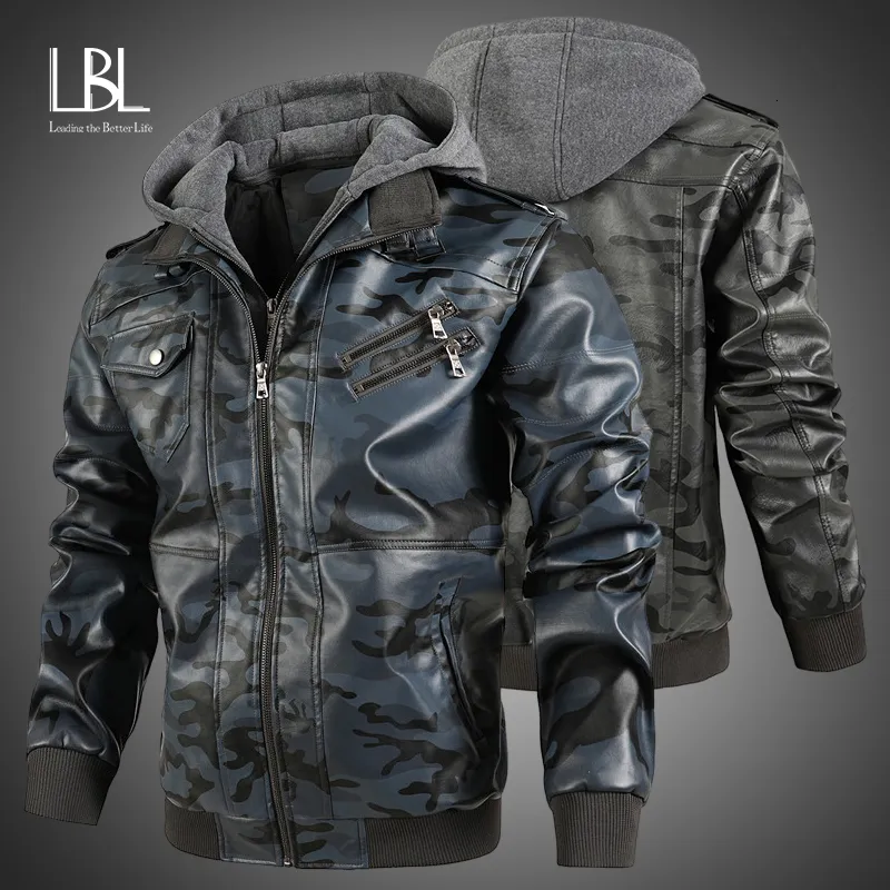 Männer Jacken Männer Winter Mit Kapuze Leder Jacke Mode Camouflage Motorrad PU Retro Casual Herren Mäntel 2023 Hohe Qualität Outwear 230824