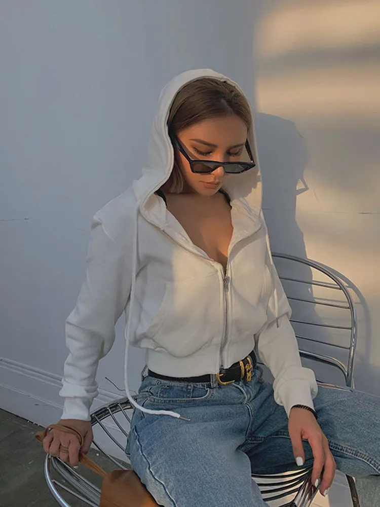 Sweats à capuche pour femmes Sweatshirts Zoki Streetwear femmes Sexy recadrée Y2K sweats à capuche Vintage solide sweat court printemps femme à manches longues coréen Zip-Up hauts 230825