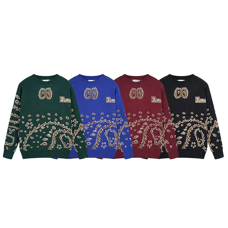 Rhude Jacquard Colorblock Round Neck Sweater Cashew Flower Knit American High Street Casual Loose Sweater Men's and Women's Pullover Sweater