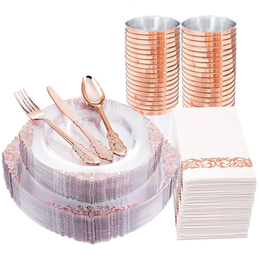 Rose Gold Disposable Cutlery Set Includes Dinner Set, Spoon, Cup, And
