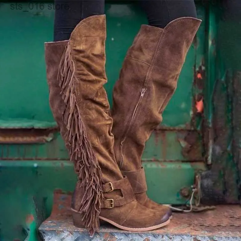 Nouveau pour débarrasser le veau Fringe Bonjomarisa Mid Woemn Cowboy Chunky Toed Punk Punk Western Brand Boots Woman T B D