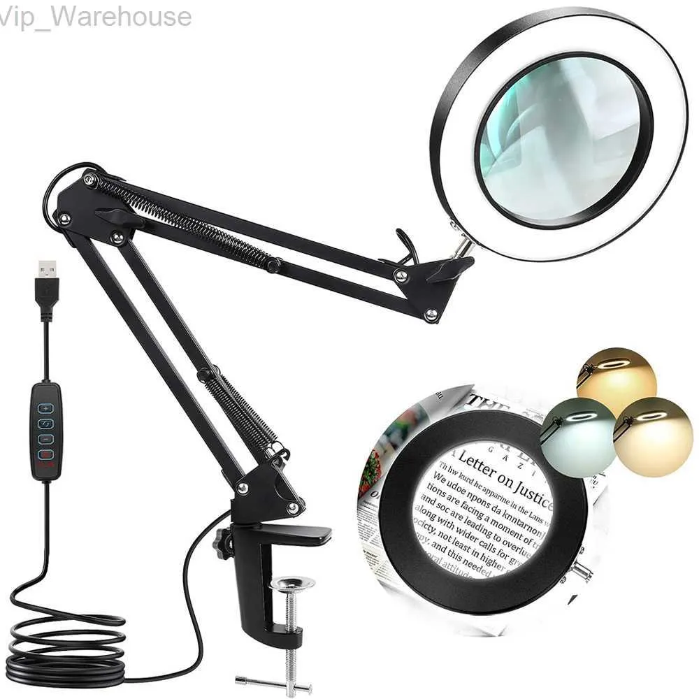 Neue 8-fache Lupe mit Glasschwingarm, flexible Klemm-Tischlampe, dimmbar, beleuchtete Lupe, LEDs, Schreibtischleuchte, 3 Farbmodi, Lampe HKD230824