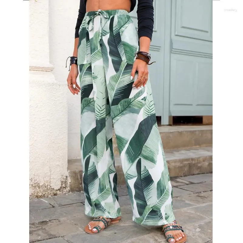 Damesbroeken Boho Dames Zomer Wijde pijpen Dames Vakantie Strand Casual Losse broek Bladdruk Elastisch Hoge taille Recht All-Match