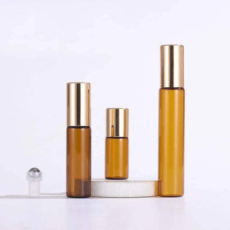 10ml Perfume Roll On Glass Packaging Bottle 5ml 3ml 2ml 1ml Frosted Clear Amber with Metal Ball Roller Gold Cap Essential Oil Vials