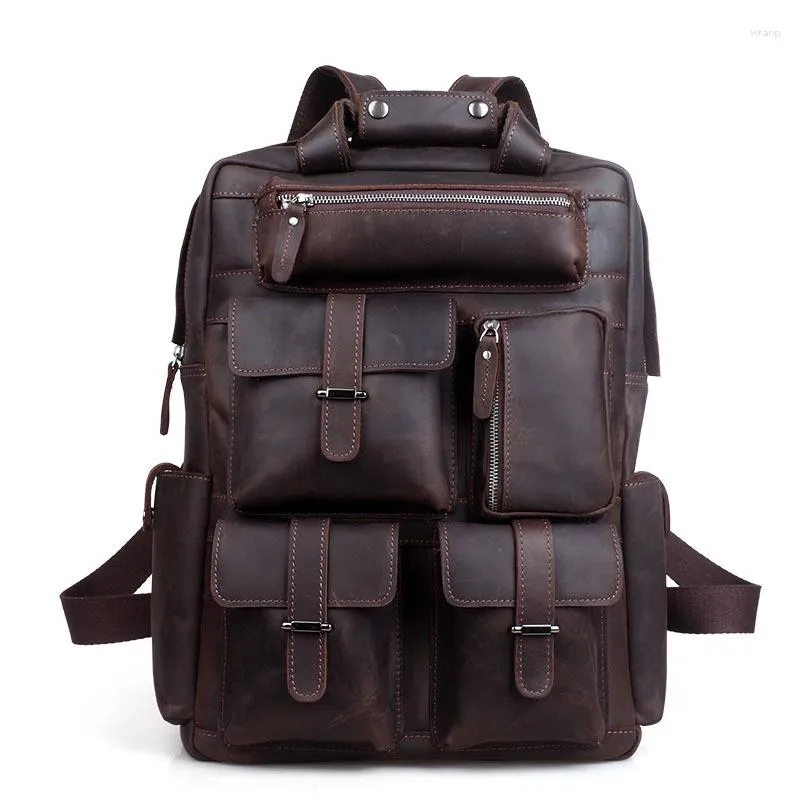 Backpack Vintage Natural First Layer Cowhide Men Multi Pockets Genuine Leather Double Shoulder Bag Male Large Travel Satchel