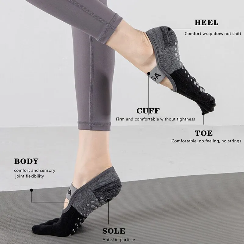 Chaussettes De Yoga Antidérapantes - 2 Paires + 2 Sacs à Cordon - Coton Ouvert Au Cou-de-pied - Pour Pilates, Danse, Fitness - 12