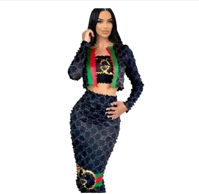 Designer mulheres tracksuits outono novo alto elástico aberto umbigo barriga bolso casaco saia três peças conjunto