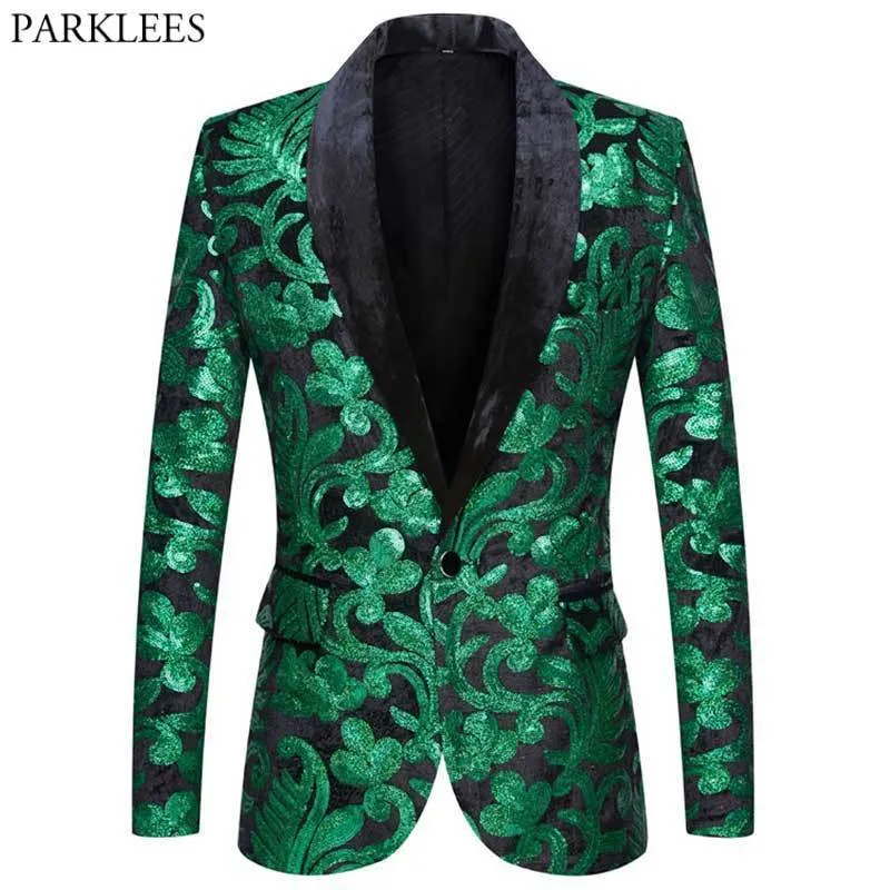 Ternos masculinos blazers brilhantes verde floral lantejoulas smoking blazers homens um botão xale colar vestido terno jaqueta festa jantar casamento baile cantor traje 230824