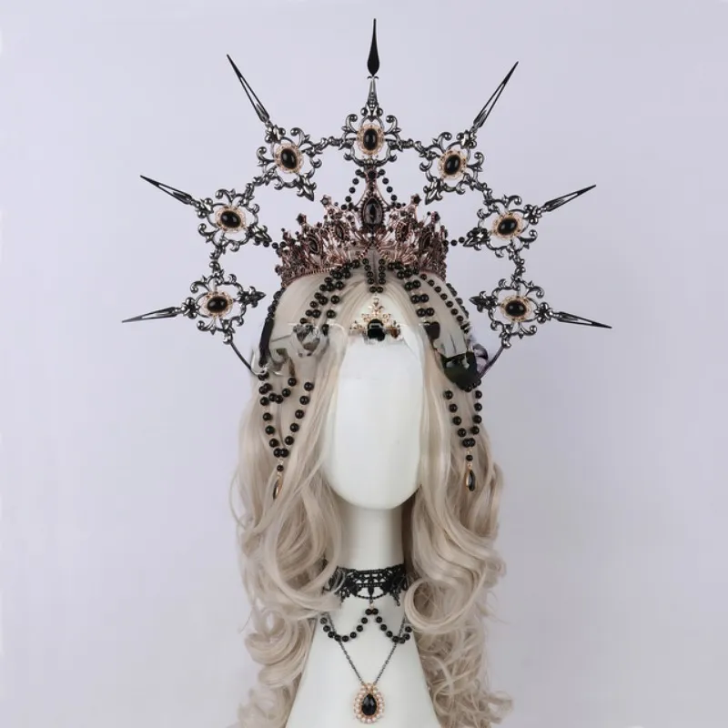 Siyah sivri kc halo taç kolye başlık kadın kız tanrıça gotik kafa bandı bakire Mary Barok Boncuk Zinciri Saç Aksesuarları