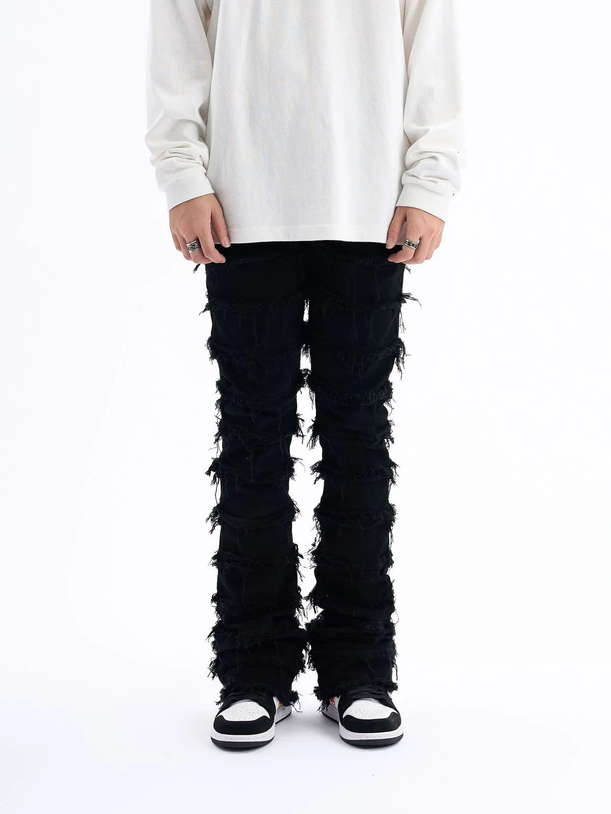 Мужские джинсы в американском стиле черная эрозия повреждены грубыми джинсами на высоких улицах мужские мужские джинсы ins hiphop fashion vintage skinny wating Streetwear 230824