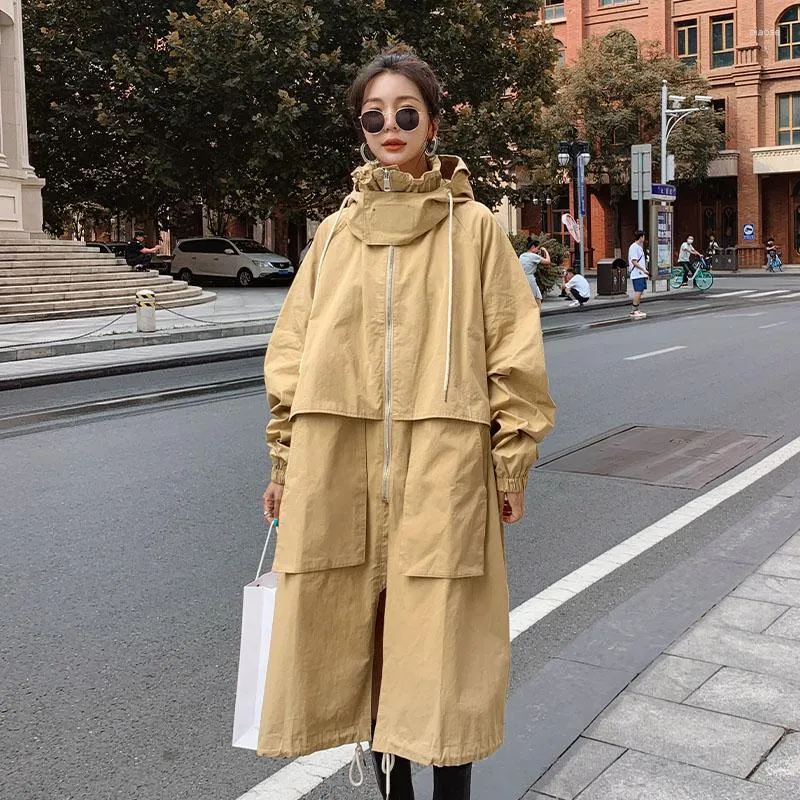 Women's Trench Coats 2023 Spring Autumn Loose Hooded Female Solid Color Jackets Ladies Long Windbreaker Overcoats O462