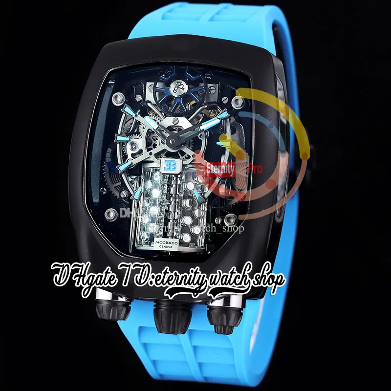 Bugatti Chiron Tourbillon Autoamtic Mens Watch 16 цилиндрических двигателей скелет Dial Black Pvd Стальная корпус синий резиновый ремешок Super Edition Eternity Watches BU200.21.AE.AB