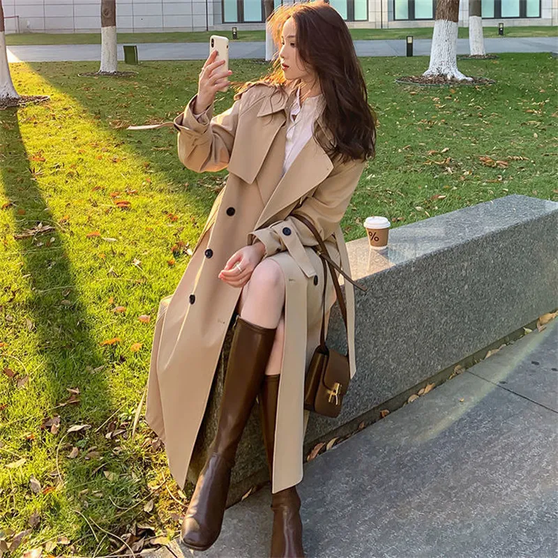 Korean Elegant Khaki Black Khaki Trench Coat Womens Loose Fit Midi
