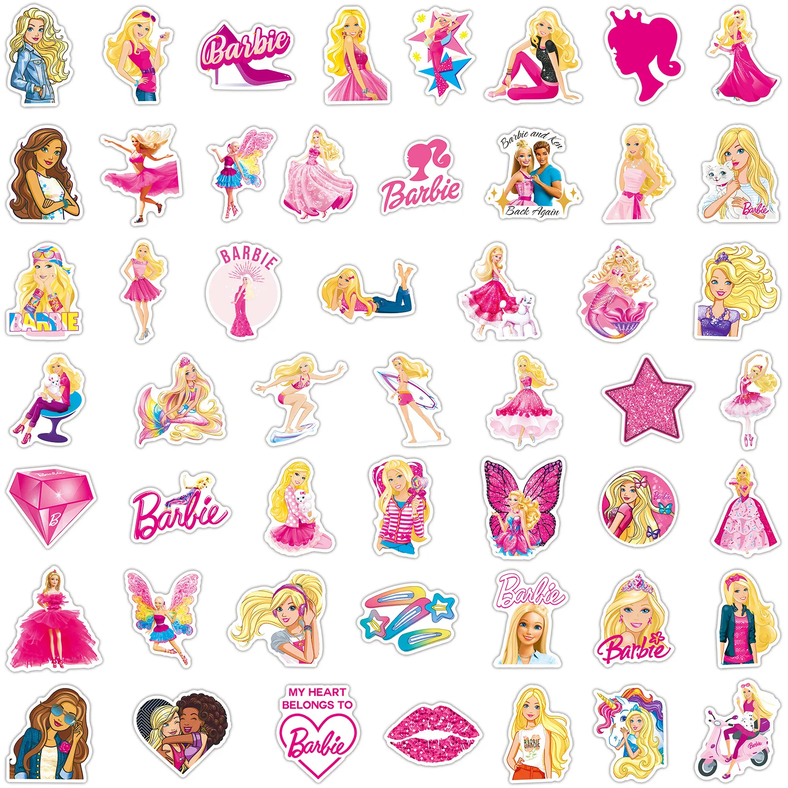 50 pegatinas de dibujos animados de princesa Barbie, accesorios para  patines, pegatinas de vinilo impermeables para monopatín, portátil,  equipaje