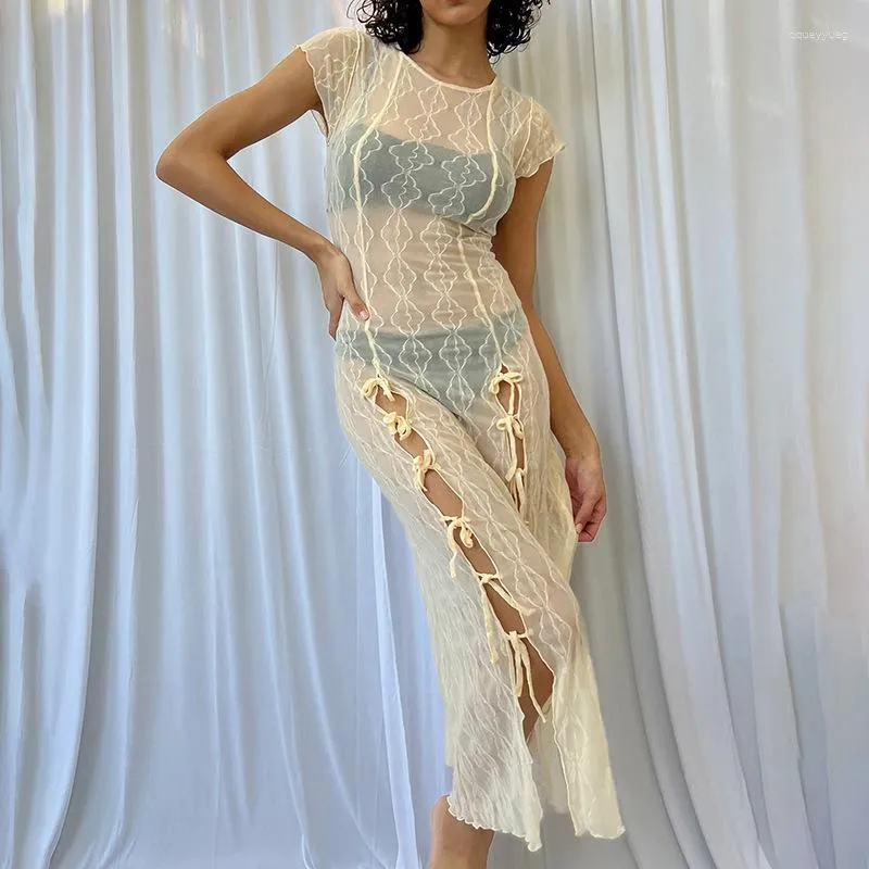 Robes de soiree 2023 Robe transparente d ete Femme Sexy Fille Col rond Manches courtes Gilet fendu Long