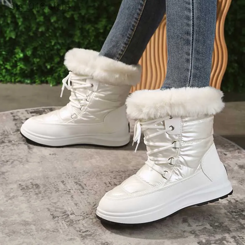 Boots White Waterproof Snow Boots for Women Faux Fur Plush Platform Ankle Boots Woman Lace-Up Non-Slip Warm Winter Shoes Botas Mujer T230824