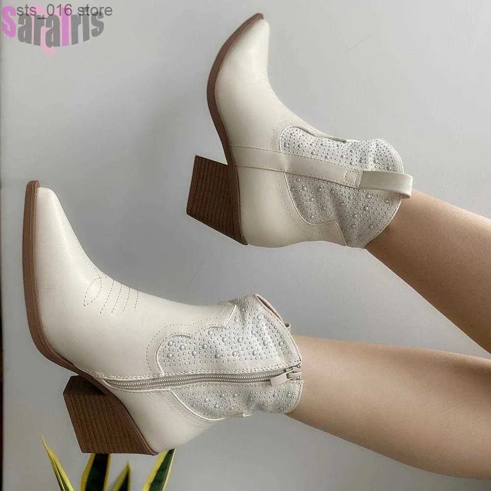 Buty Women's Kids Boots Trend 2023 Chunky Heels Cowboy Retro Autumn White Cowgirl Western Short Booties for Women Chelsea buty Lady T230824