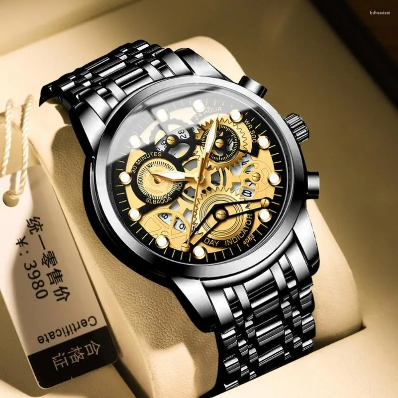 Wristwatches 2023 Luxury Black Steel Business Man Watch Fashion Trend Students' Wristwatch Male Hollowed Out Auto Date Clock Men Reloj