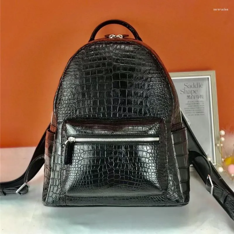 Borse da scuola Autentica vera vera pelle di coccodrillo Borsa da donna con manico superiore Zaino nero da donna Borsa da viaggio con zip da donna in vera pelle di alligatore