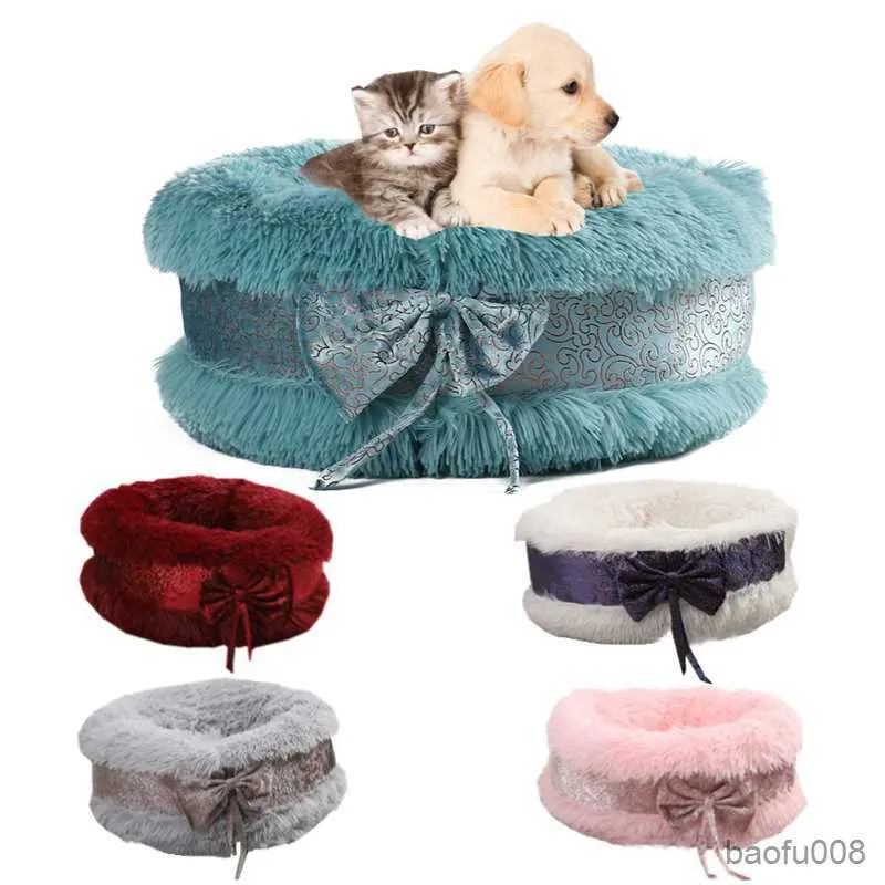 Dog Houses Kennels Accessories Cute Cat Beds Pet Dog Bed Luxury Bowknot Decoration Round House Soft Long Bed Dog Basket Animals Sleeping Bed R230825