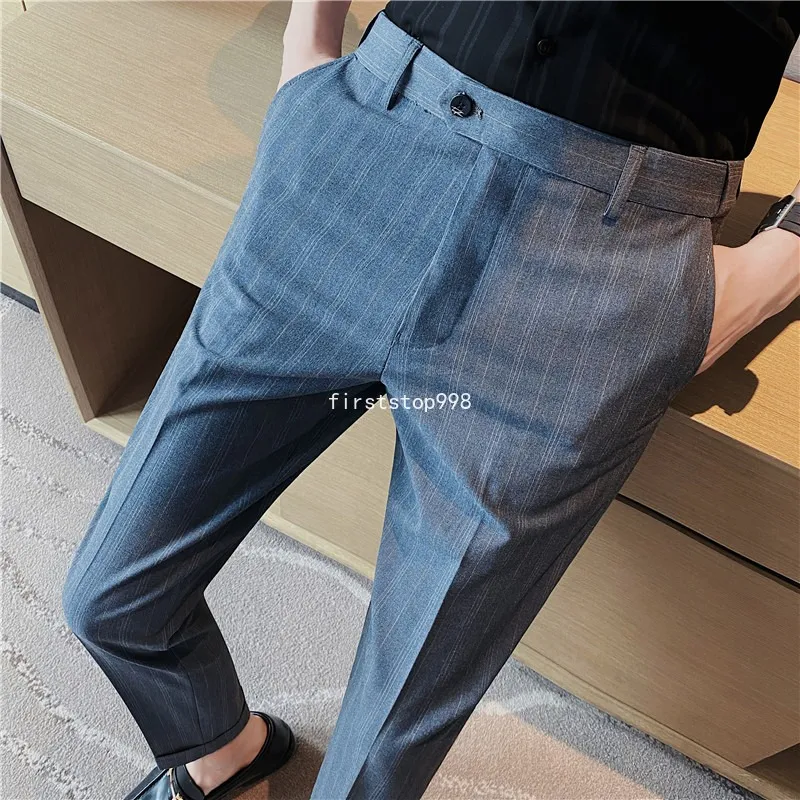 Pantaloni da completo in vita elastica autunno inverno per uomo Pantaloni eleganti da lavoro casual a righe moda Pantaloni da sposo per matrimonio sociale da ufficio