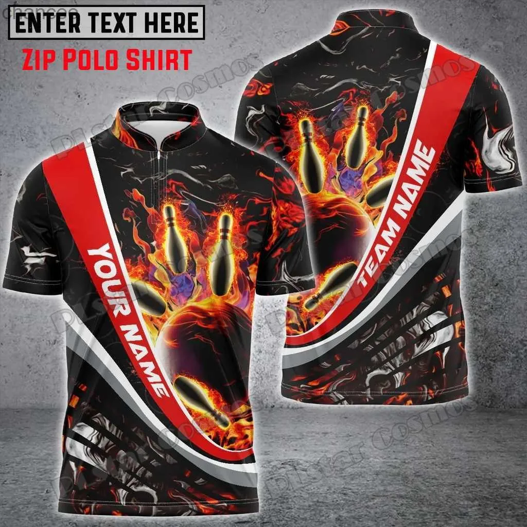 Flaming Magma Bowling and Pins Custom Name 3D Printed Men's Zipper Polo Shirt Summer Street Unisex Casual Zip Polo Shirt WK121 HKD230825