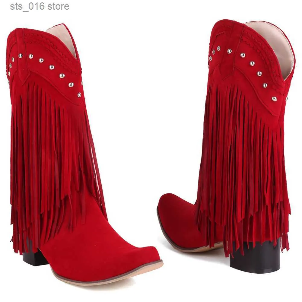 Wide Stacked Heels Western Fringe BONJOMARISA Cowboy Calf Retro Ridding Boots Slip On Casual Leisure Autumn Shoes T