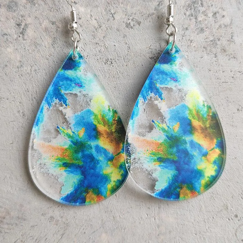 Dingle örhängen tie-dye boho dinglar akryl teardrop röd vit och blå vattenfärgad för kvinnor smycken tillbehör