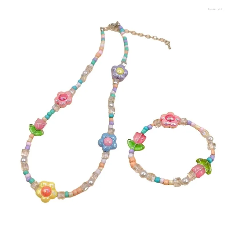 Chaînes coréennes perles de rocaille colorées chaîne collier ras du cou bracelets pour femme fleur baroque perlée bijoux bohème