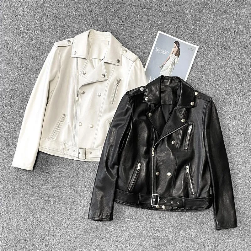 Veste de moto en cuir véritable pour femmes, classique, Double boutonnage, Style de rue, décontracté, Slim, fermeture éclair, manteau en peau de mouton, printemps 2023