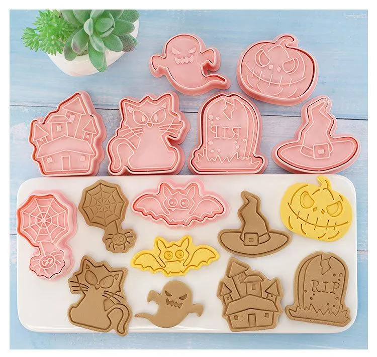 Moules de cuisson Halloween Cookie Moule Plastique 3D Coupeurs Citrouille Fantôme Chauve-souris Pressable Biscuit Timbre Gaufrage Outil Fournitures