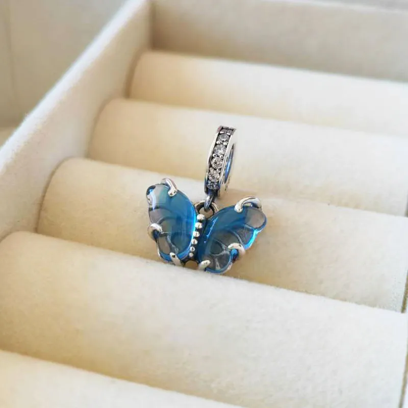 925 Sterling Silver Blue Murano Glass Butterfly Dangle Charm Bead pasuje do europejskiej pandora biżuteria