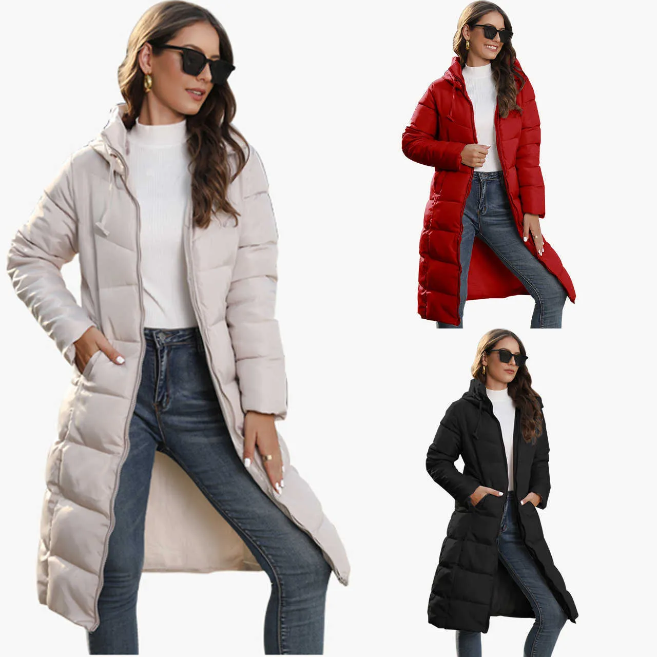 Parkas de plumón para mujer, chaqueta acolchada con capucha de invierno, chaqueta acolchada delgada de longitud media, chaqueta acolchada cálida para mujer T230825