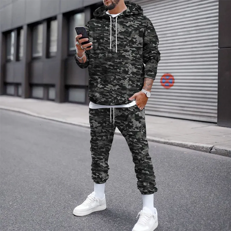 Mens Tracksuits Autumn Winter Outfit Men Tracksuit Hoodie Set Camouflage Clothing Tactical Sweatshirts Pants 2piece Overized Hooded Sport Suit 230824