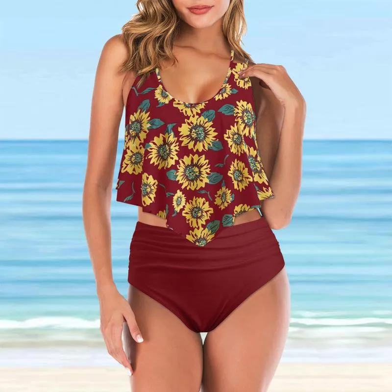 Vintage Halter Ruched Bikini Set With Sunflower Overlay For Large Bust  Swimwear From Hiem, $22.98