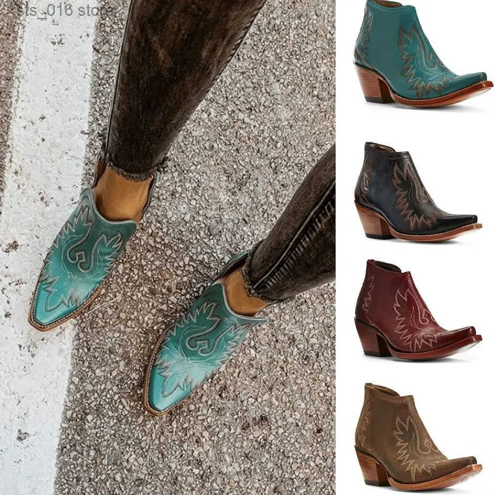 Boots Bonjomarisa 2021 Ny trendig kvinna spetsiga tå västra stövlar för kvinnor avslappnad chunky häl vintage broderi cowboy skor kvinna t230824