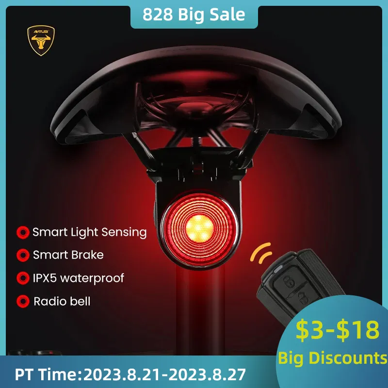 バイクライトAntusi A8 Auto Brake Taillight Anti-Theft Alarm Lock Remot Smart Sense Bicycle Real Light Wireless Bell Bike Lamp Waterproof 230824