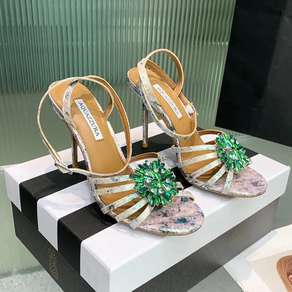 Aquazzura baskılı deri sandalet kristal çiçek süslemeli ayak bileği kayış topuklu stiletto heels10.5cmwomen'in tasarımcıları deri tek akşam kadın sandalet