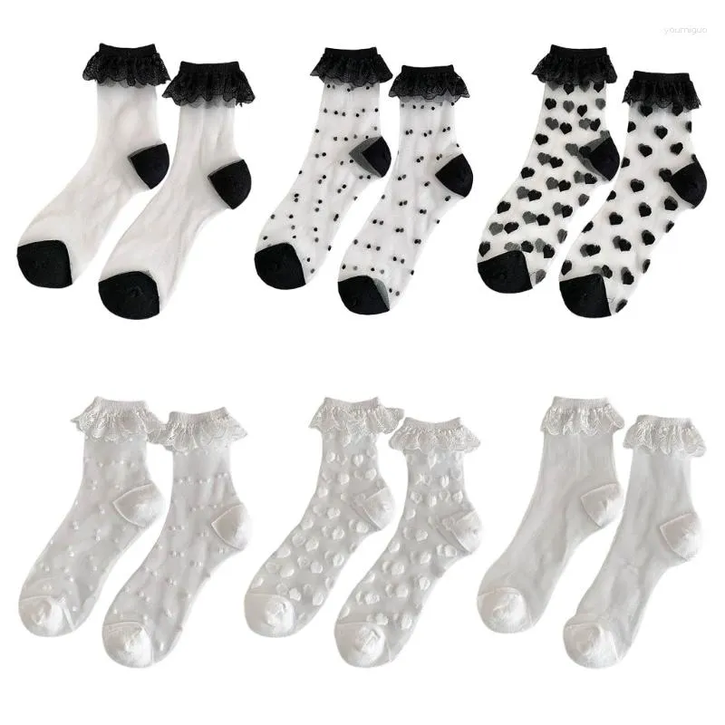 Chaussettes japonaises en dentelle à volants pour femmes, robe de princesse mignonne à la cheville, en verre de cristal et en soie transparente