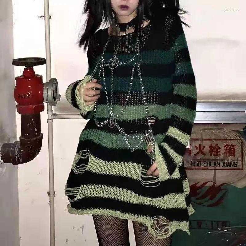 Maglioni da donna Y2k Ragazza scava fuori fresco O collo HarajukU gotico da donna maglione a strisce di colore sfumato punk coreano moda top in maglia