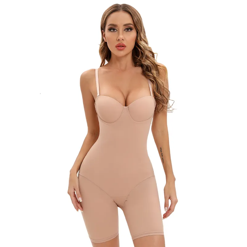 Midja mage shaper kvinnor kropp shaper bodysuit mager romper formewear med underwire cup stretch body's svarta jumpsuit 230824