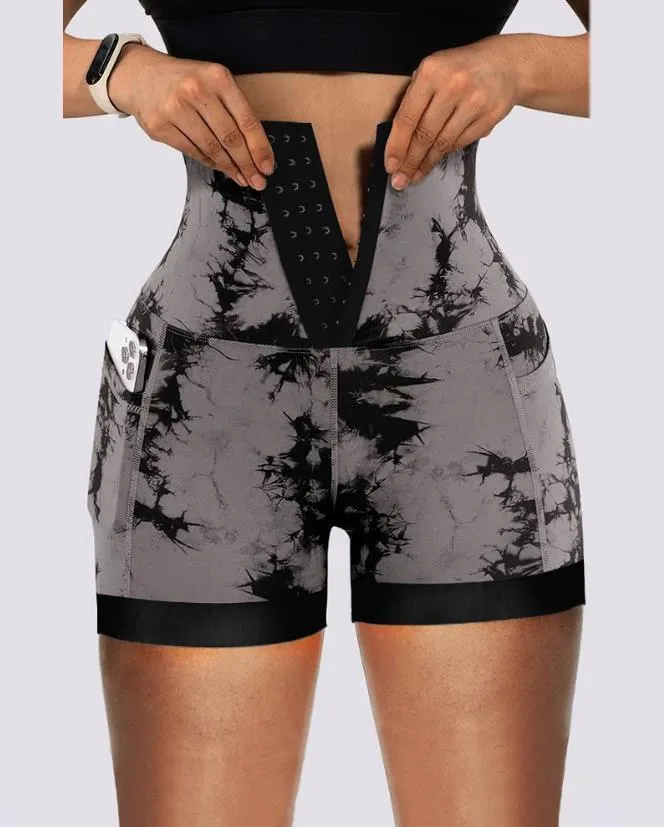 Damenhosen, Shorts, 2023, Sommermode, Batikdruck, Bauchkontrolle, Po-Lifting, Taschendesign, lässig, dünn, über dem Knie, aktiv 230825