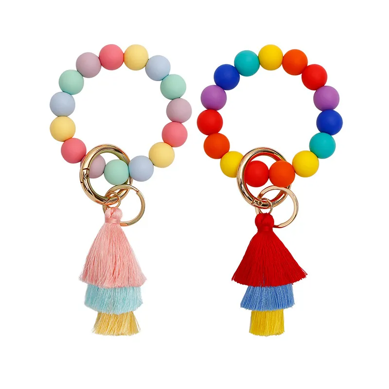 Rainbow Wrist Keychain Silicone Bead Bracelet Keychain Tassel Pendant Girls' Bag Decoration Keyring Gift Key Chains