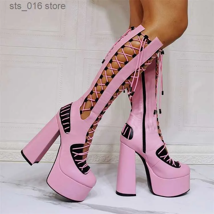 Сапоги рибтрини розовый панк -стиль круглая ножка плаформ высокие каблуки вырезка летние коленные сапоги на молнии дизайнерские модные ботинки T230824