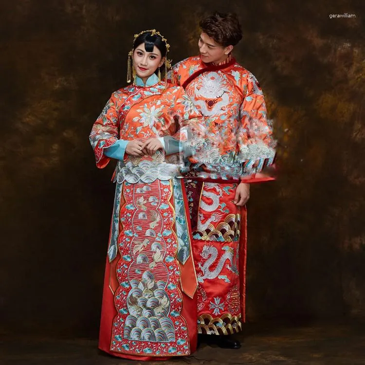 Delicate Embroidered Traditional Chinese Wedding Hanfu Xiu He Fu In Orange And Red For Couple Bride And Groom National Suit From Gerawilliam 1 001.99 DHgate.Com