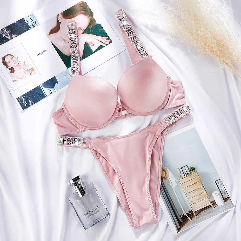Sexy Letter Rhinestone Lingerie Briefs Set Thongs Girl Push Up Bra Panty 2  Piece For Women Comfort Adjustable Underwear Sets Pink 270z