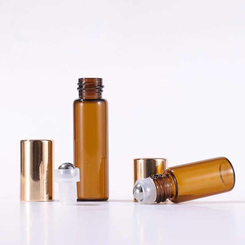 10ml Perfume Roll On Glass Packaging Bottle 5ml 3ml 2ml 1ml Frosted Clear Amber with Metal Ball Roller Gold Cap Essential Oil Vials