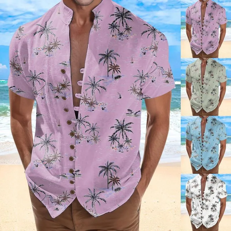 Mäns T -skjortor för män Kort ärm Sleeve Beach Holiday Shirt Mens manschettknapp Stand Collar Layering tee tunika